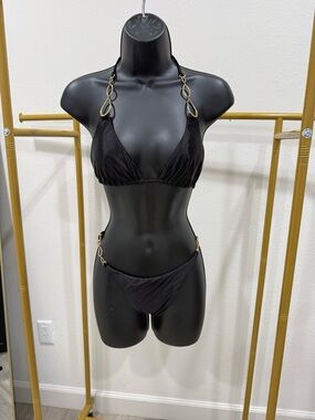PQ Swim Black Triangle Bikini with Gold Chain Accents